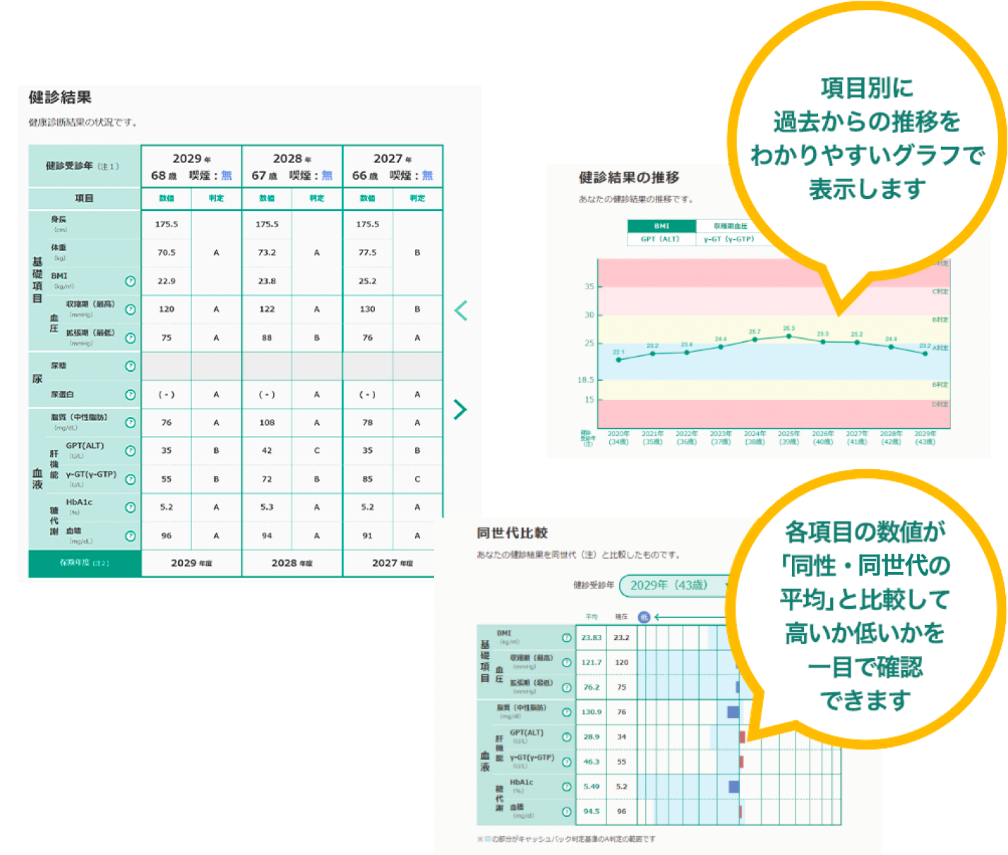 健診結果の図：項目別に過去からの推移をわかりやすいグラフで表示します。各項目の数値が「同性・同世代の平均」と比較して高いか低いかを一目で確認できます。