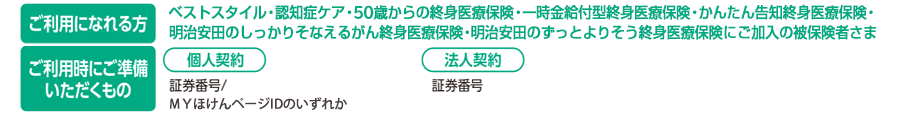 ご利用になれる方 ベストスタイル・認知症ケア・50歳からの終身医療保険・一時金給付型終身医療保険・かんたん告知終身医療保険・明治安田のしっかりそなえるがん終身保険・明治安田のずっとよりそう終身医療保険にご加入の被保険者さま ご利用時にご準備いただくもの 個人契約 証券番号/ＭＹほけんページIDのいずれか 法人契約 証券番号