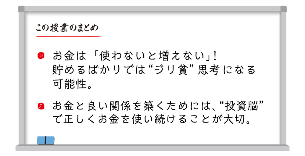 この授業のまとめ お金は「使わないと増えない」！貯めるばかりでは”ジリ貧”思考になる可能性。お金と良い関係を築くためには、”投資脳”で正しくお金を使い続けることが大切。