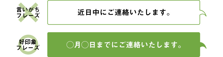 言いがちフレーズ 近日中にご連絡いたします。 好印象フレーズ ○月○日までにご連絡いたします。