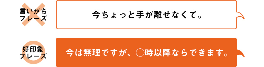 言いがちフレーズ 今ちょっと手が離せなくて。 好印象フレーズ　今は無理ですが、○時以降ならできます。