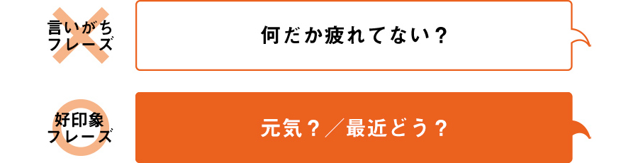 言いがちフレーズ 何だか疲れてない？ 好印象フレーズ　元気？／最近どう？