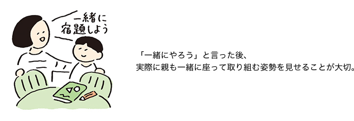 一緒に宿題しよう 「一緒にやろう」と言った後、実際に親も一緒に座って取り組む姿勢を見せることが大切。