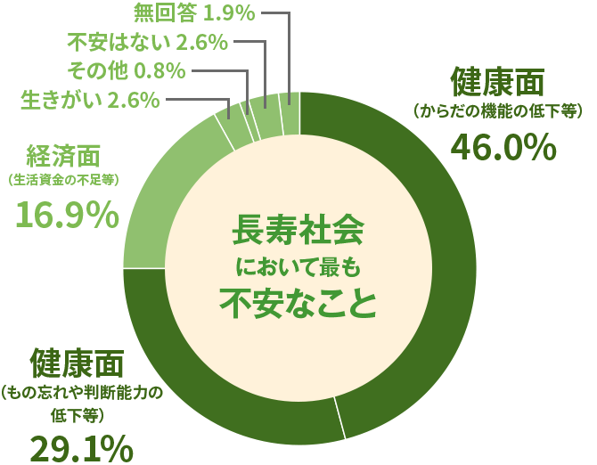 長寿社会において最も不安なことの円グラフ。 健康面(からだの機能の低下等)46.0% 健康面(もの忘れや判断能力の低下等)29.1% 経済面(生活資金の不足等)16.9% 生きがい 2.6% その他 0.8% 不安はない 2.6% 無回答 1.9%