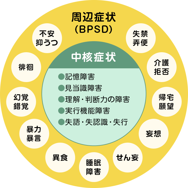 周辺症状(BPSD) 失禁弄便 介護拒否 帰宅願望 妄想 せん妄 睡眠障害 異食 暴力暴言 幻覚錯覚 徘徊 不安抑うつ 中核症状 記憶障害 見当識障害 理解・判断力の障害 実行機能障害 失語・失認識・失行