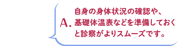 A.自身の身体状況の確認や、基礎体温表などを準備しておくと診察がよりスムーズです。