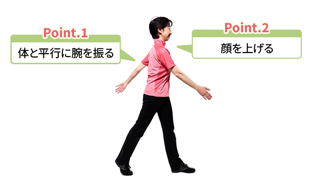 Point.1 体と平行に腕を振る Point.2 顔を上げる
