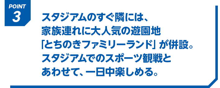 POINT3 スタジアムのすぐ隣には、家族連れに大人気の遊園地「とちのきファミリーランド」が併設。スタジアムでのスポーツ観戦とあわせて、一日中楽しめる。