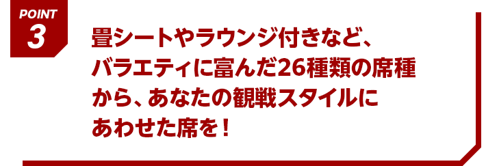 POINT3 畳シートやラウンジ付きなど、バラエティに富んだ26種類の席種から、あなたの観戦スタイルにあわせた席を！