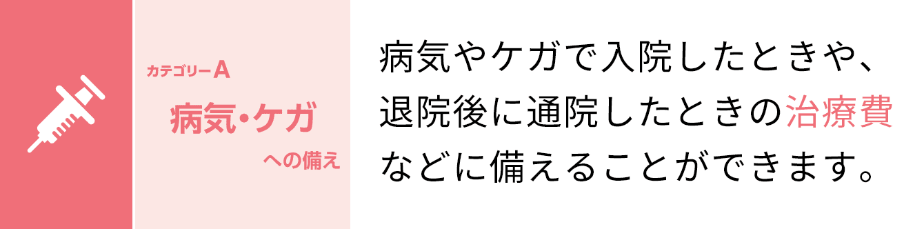 カテゴリーA 病気・ケガへの備え 病気やケガで入院したときや、退院後に通院したときの治療費などに備えることができます。