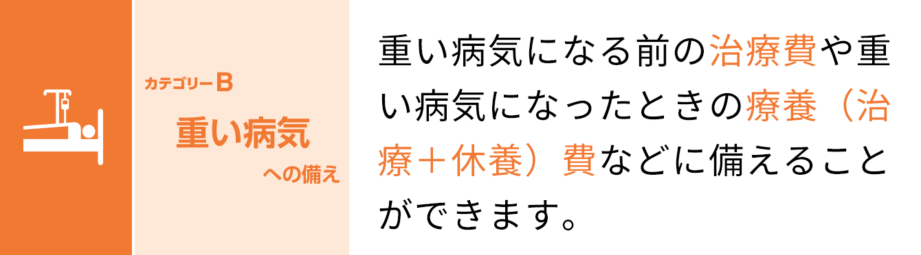 カテゴリーB 重い病気への備え 重い病気になる前の治療費や重い病気になったときの療養（治療＋休養）費などに備えることができます。