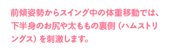 前傾姿勢からスイング中の体重移動では、下半身のお尻や太ももの裏側（ハムストリングス）を刺激します。