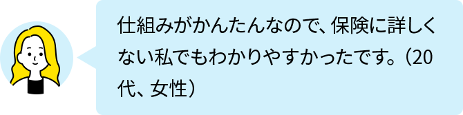 仕組みがかんたんなので、保険に詳しくない私でもわかりやすかったです。（20代、女性）