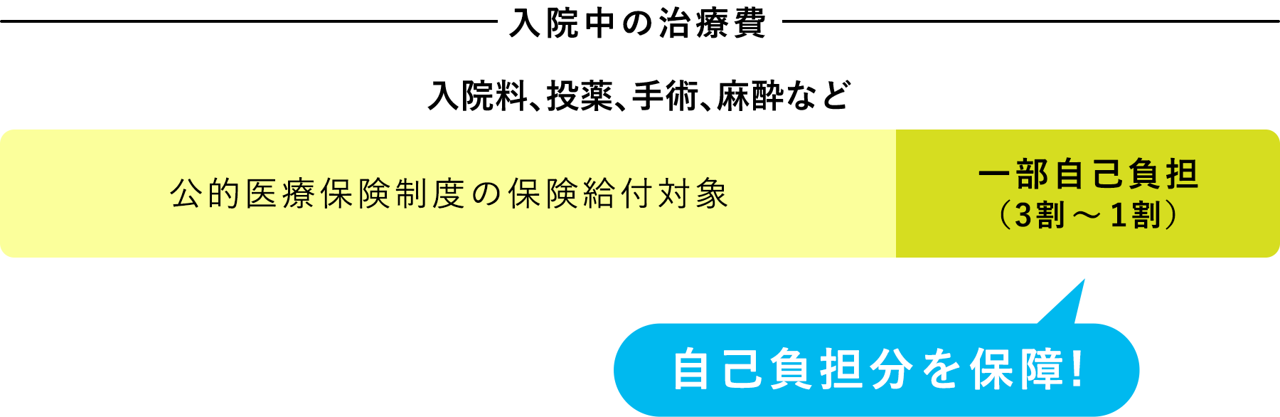 入院中の治療費 公的医療保険制度の保険給付対象 一部自己負担（3割〜１割） 自己負担分を保障!