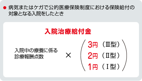 お支払事由図 病気またはケガで公的医療保険制度における保険給付の対象となる入院をしたとき