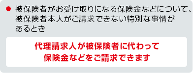 お支払事由図 被保険者がお受取りになる保険金などについて、被保険者本人がご請求できない特別な事情があるとき