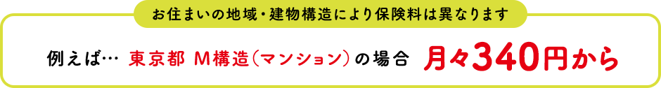 お住まいの地域・建物構造により保険料は異なります 例えば… 東京都 M構造（マンション）の場合 月々340円から
