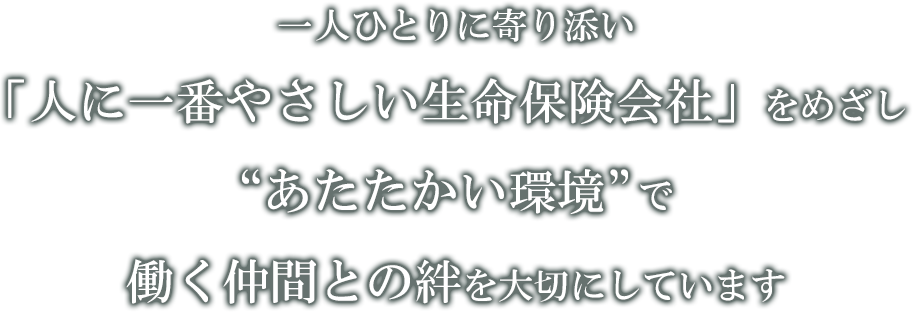 一人ひとりに寄り添い「人に一番やさしい生命保険会社」をめざし“あたたかい環境”で働く仲間との絆を大切にしています