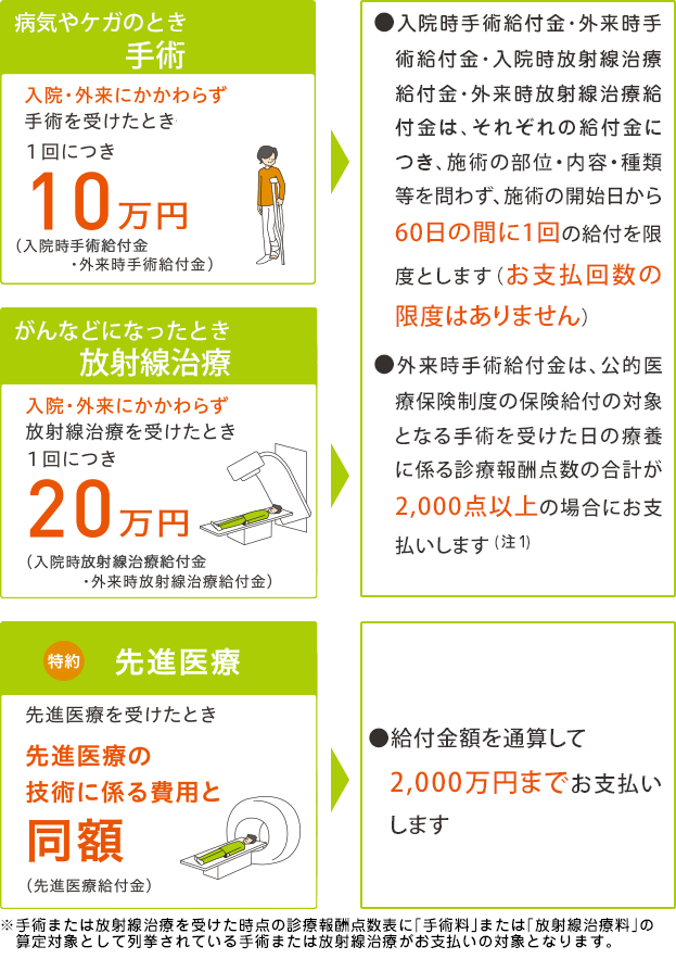 入院・外来(入院を伴わない)での手術や放射線治療、先進医療ほ保障もご準備いただけます。
