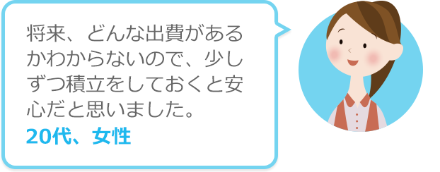 将来、どんな出費があるかわからないので、少しずつ積立をしておくと安心だと思いました。20代、女性