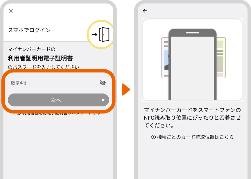 マイナンバーカードの暗証番号入力とカードの読取り