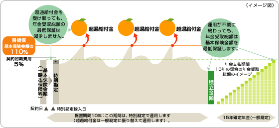 年金開始日前日の積立金額が基本保険金額を下回った場合 運用成果(超過給付金)を受け取っても、年金受取総額の最低保証